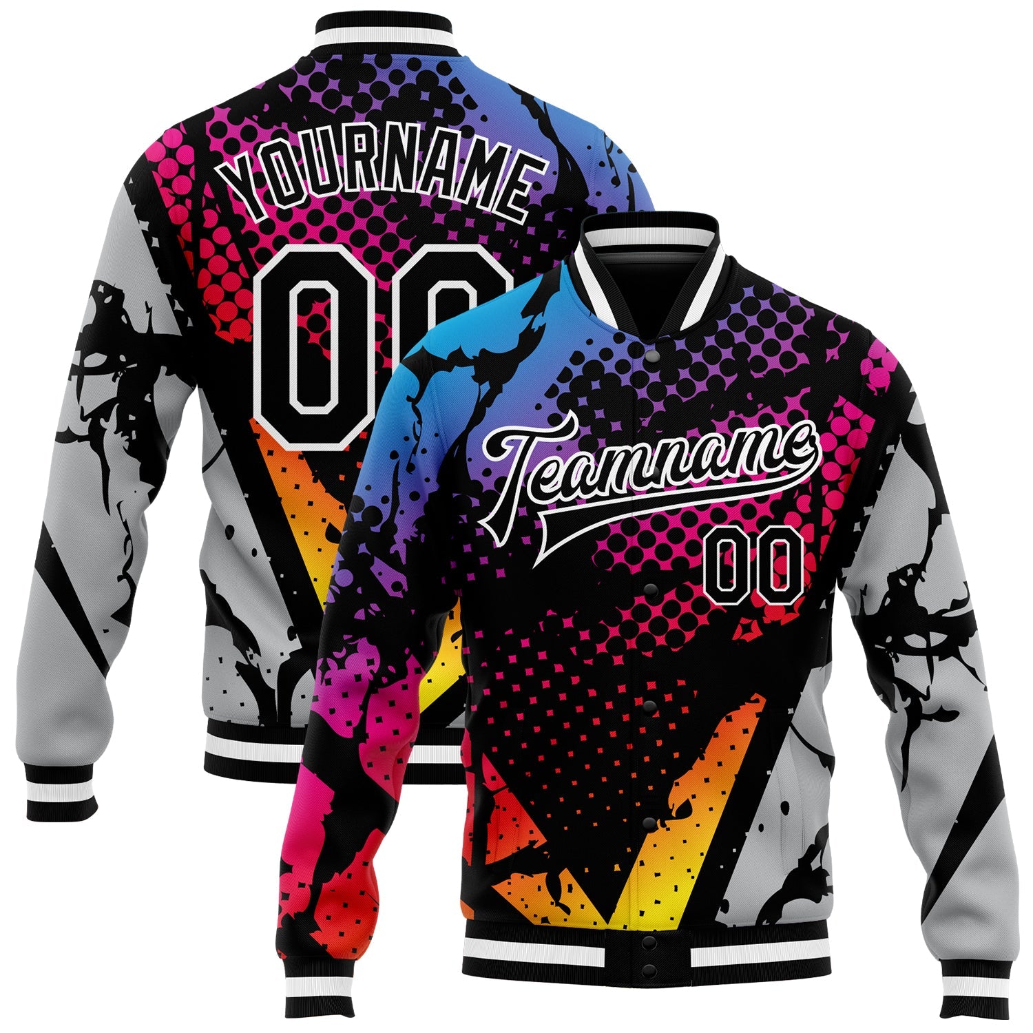 Custom Figure Black-Gray 3D Pattern Design Bomber Full-Snap Varsity Letterman Jacket - Main View