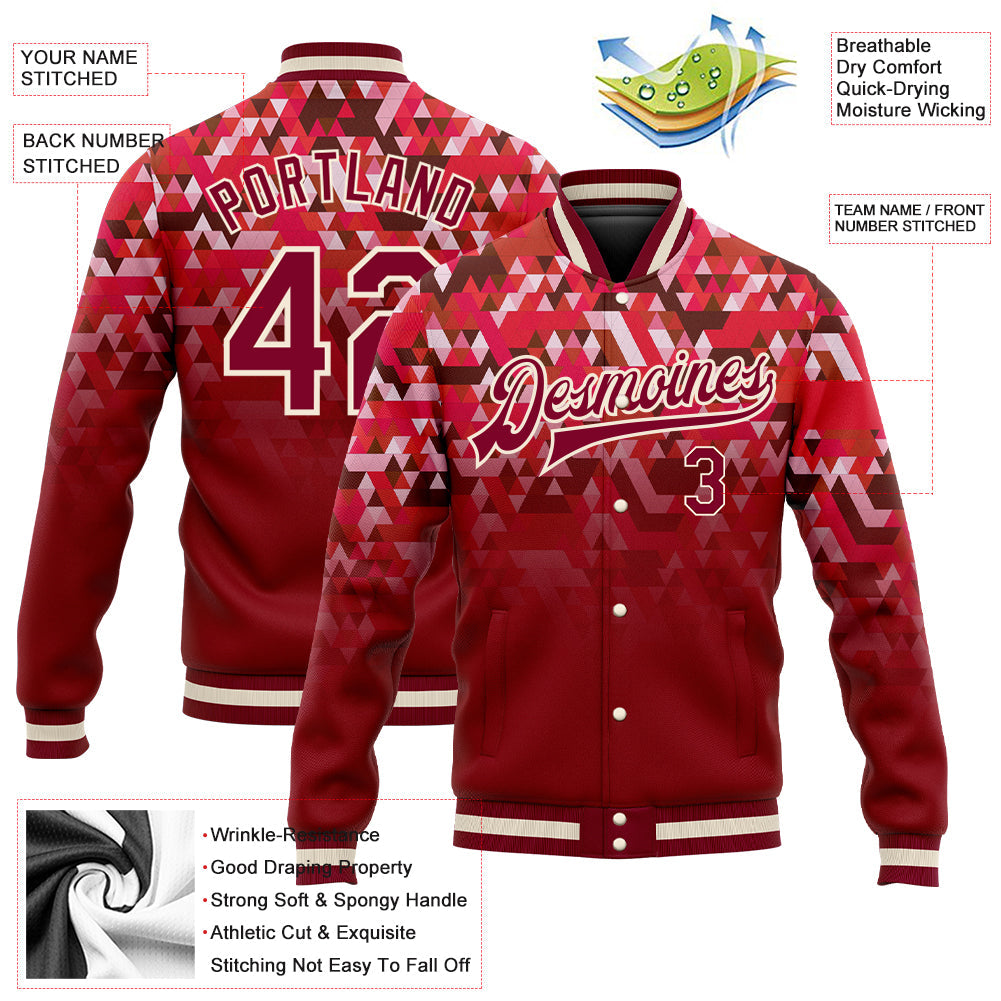 Custom Red Crimson-Cream 3D Pattern Design Bomber Full-Snap Varsity Letterman Jacket view 5