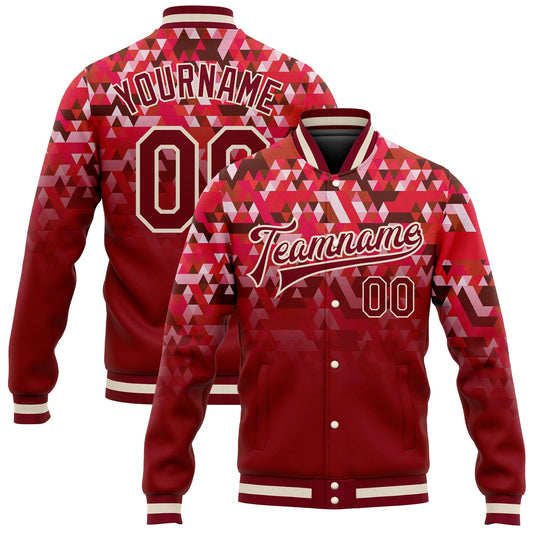 Custom Red Crimson-Cream 3D Pattern Design Bomber Full-Snap Varsity Letterman Jacket - Main View