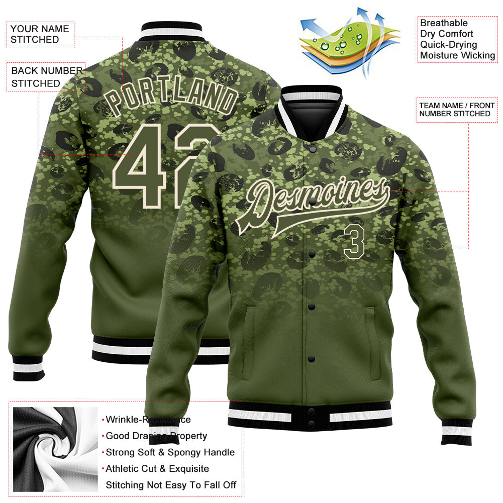 Custom Olive Olive Cream-Black 3D Bomber Full-Snap Varsity Letterman Salute To Service Jacket view 5
