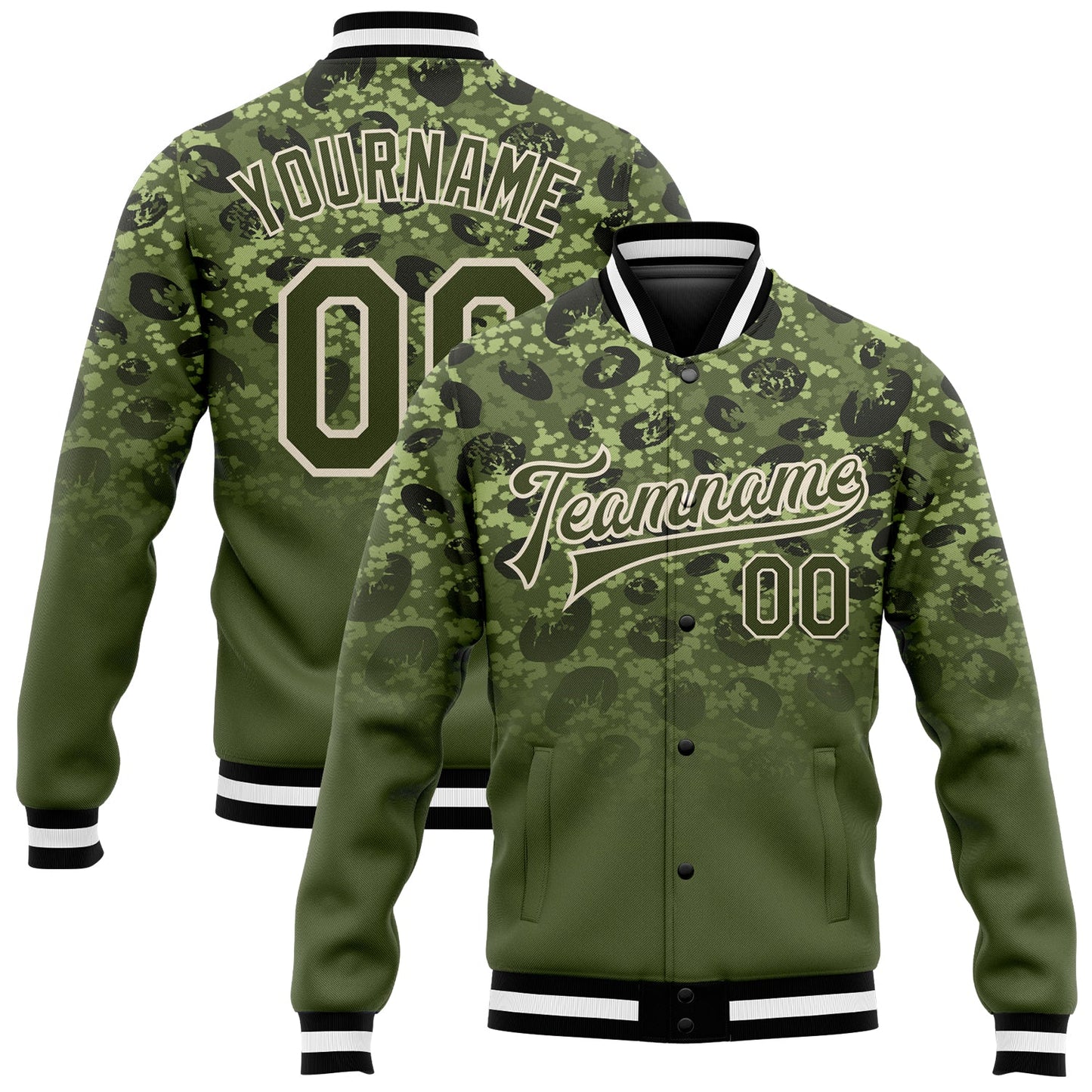 Custom Olive Olive Cream-Black 3D Bomber Full-Snap Varsity Letterman Salute To Service Jacket - Main View