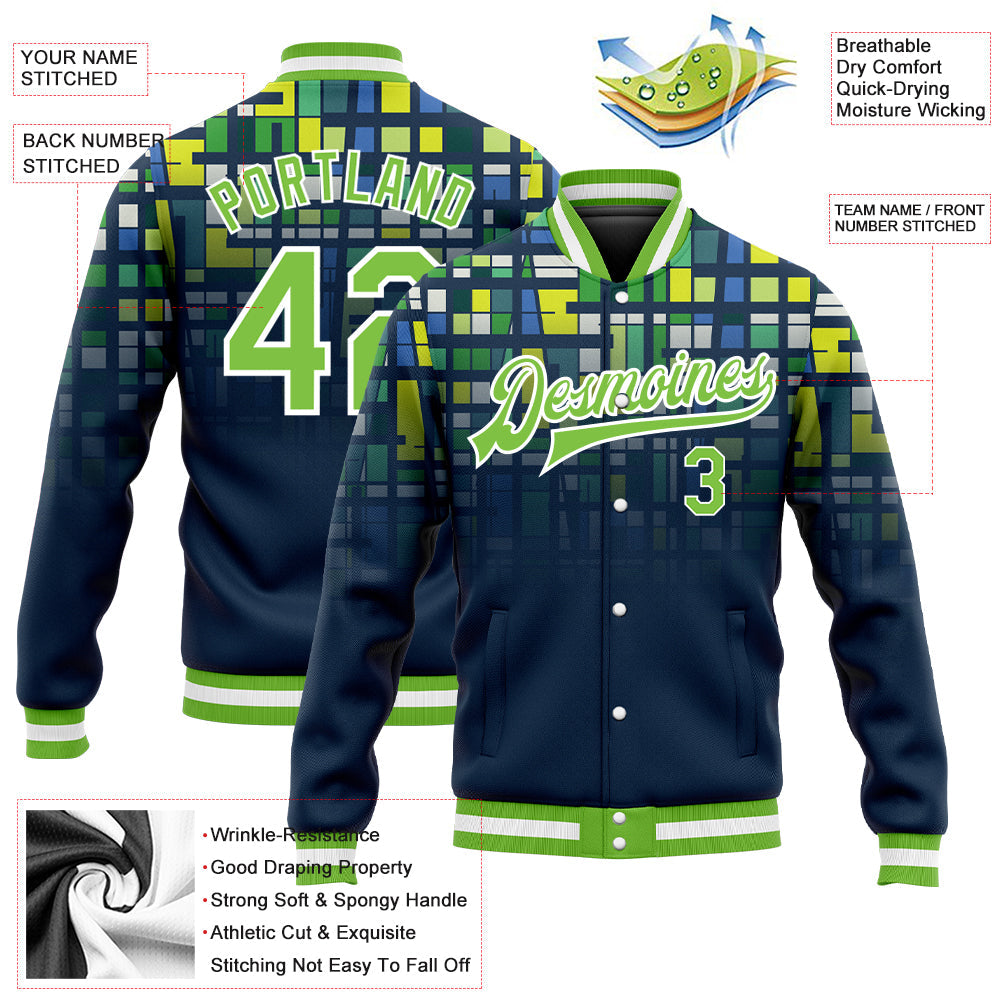 Custom Navy Neon Green-White 3D Pattern Design Bomber Full-Snap Varsity Letterman Jacket view 5