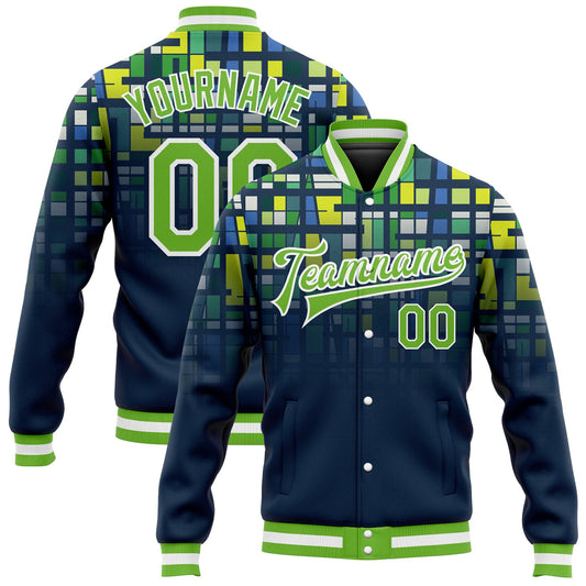 Custom Navy Neon Green-White 3D Pattern Design Bomber Full-Snap Varsity Letterman Jacket - Main View