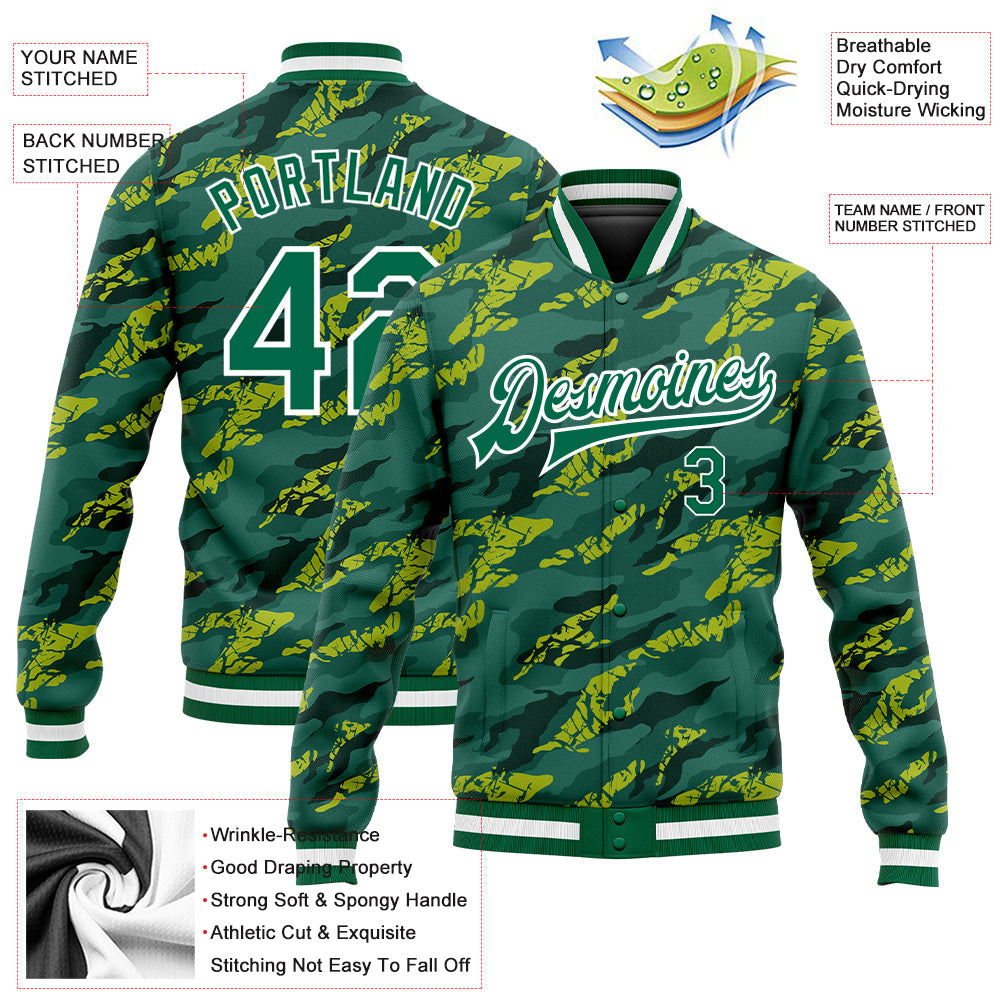 Custom Green Kelly Green-White 3D Pattern Design Bomber Full-Snap Varsity Letterman Jacket view 5