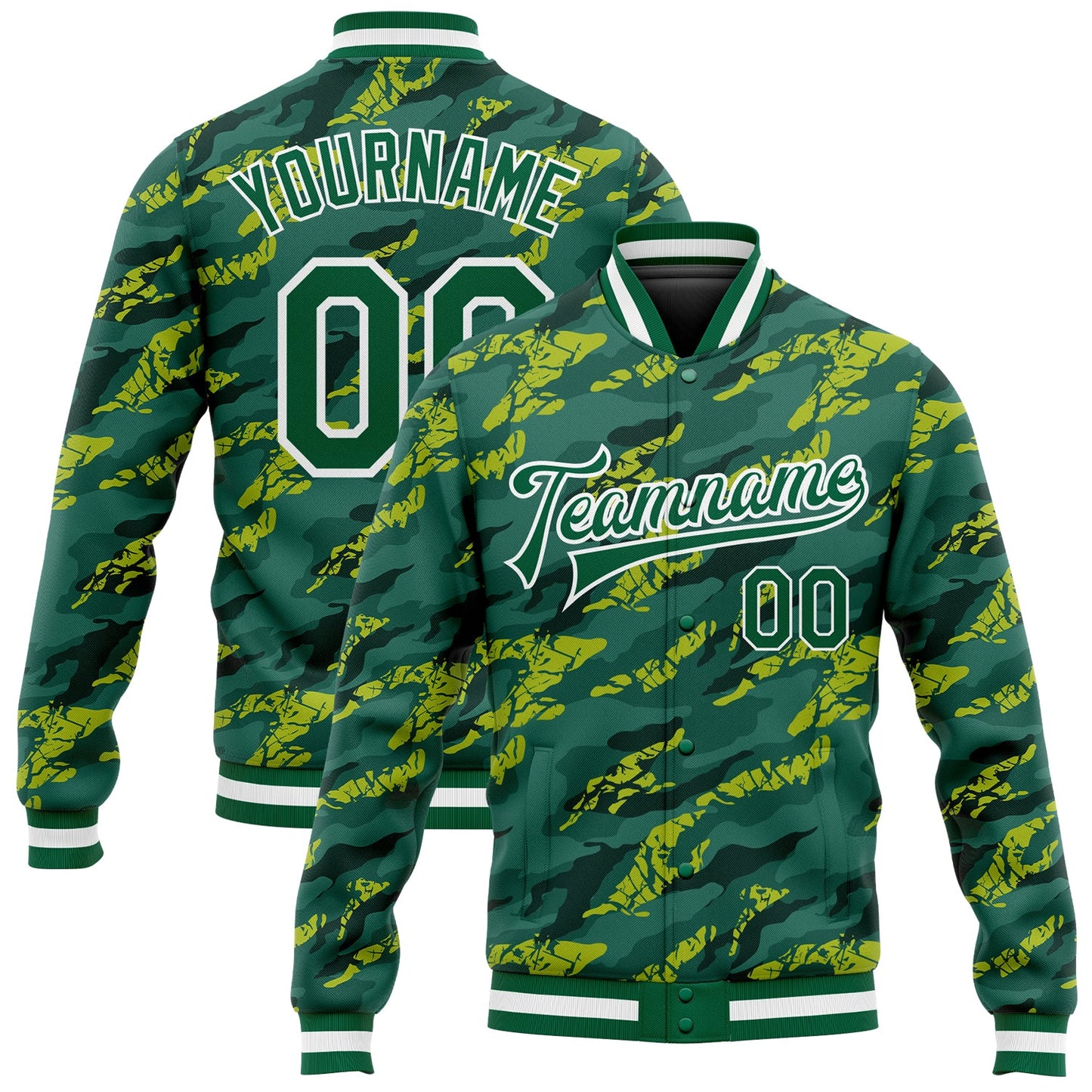 Custom Green Kelly Green-White 3D Pattern Design Bomber Full-Snap Varsity Letterman Jacket - Main View