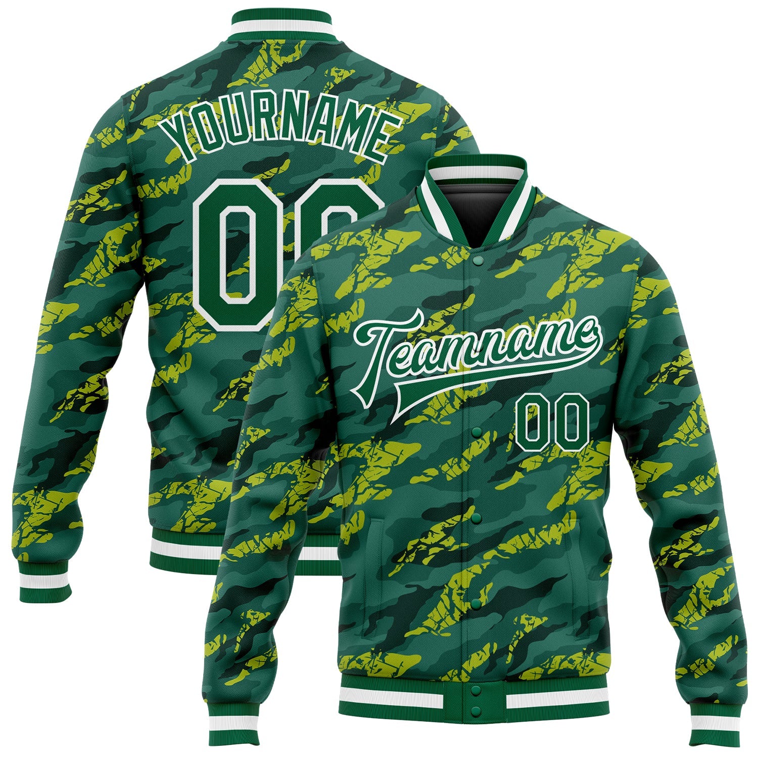 Custom Green Kelly Green-White 3D Pattern Design Bomber Full-Snap Varsity Letterman Jacket - Main View