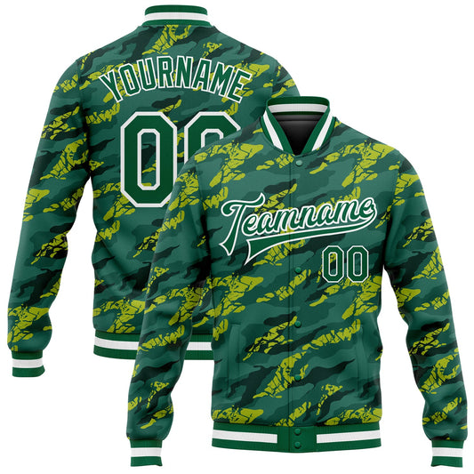 Custom Green Kelly Green-White 3D Pattern Design Bomber Full-Snap Varsity Letterman Jacket - Main View