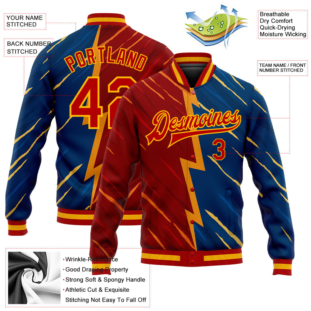 Custom Navy Red-Gold 3D Pattern Design Bomber Full-Snap Varsity Letterman Jacket view 5