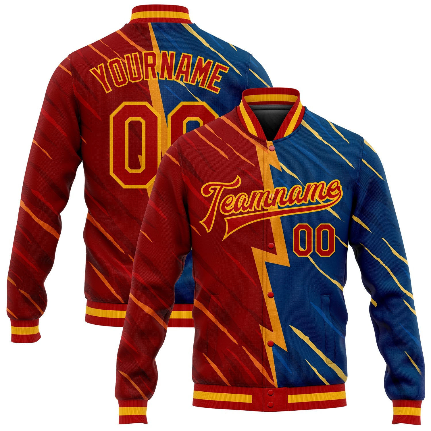 Custom Navy Red-Gold 3D Pattern Design Bomber Full-Snap Varsity Letterman Jacket - Main View