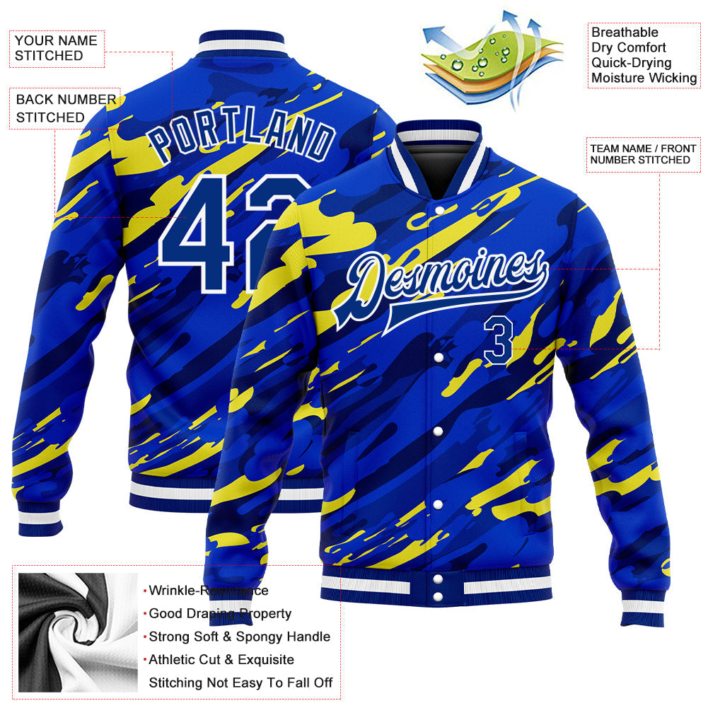 Custom Royal Royal Gold-Black 3D Pattern Design Bomber Full-Snap Varsity Letterman Jacket view 5