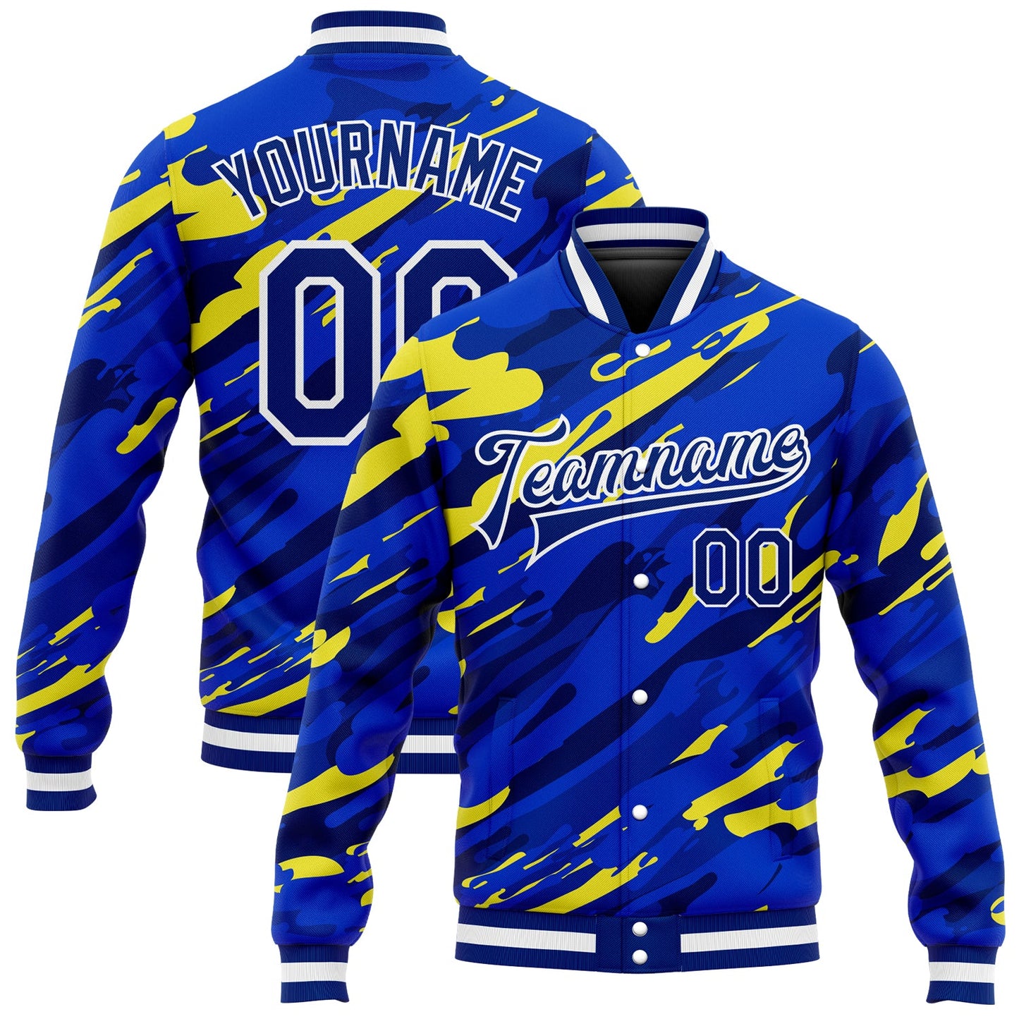 Custom Royal Royal Gold-Black 3D Pattern Design Bomber Full-Snap Varsity Letterman Jacket - Main View