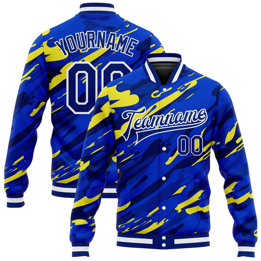 Custom Royal Royal Gold-Black 3D Pattern Design Bomber Full-Snap Varsity Letterman Jacket - Main View