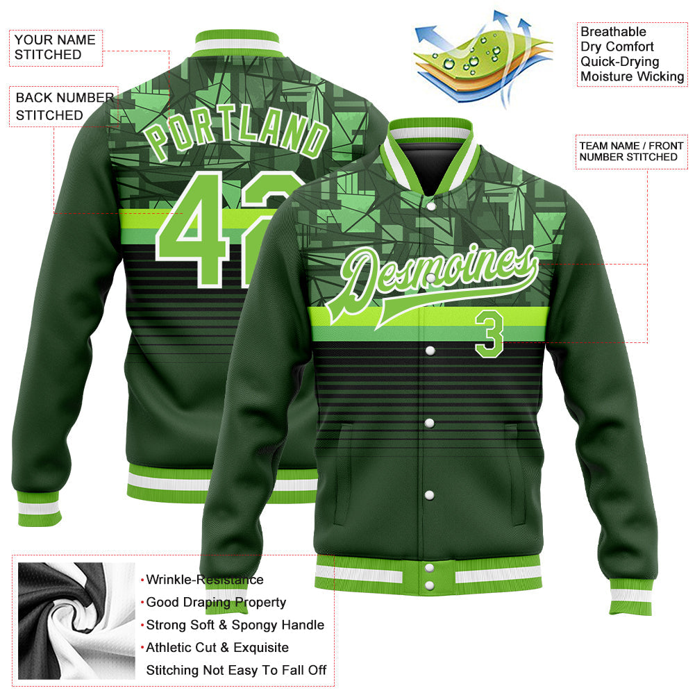Custom Green Neon Green-White 3D Pattern Design Bomber Full-Snap Varsity Letterman Jacket view 5