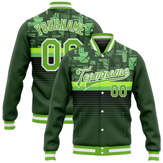 Custom Green Neon Green-White 3D Pattern Design Bomber Full-Snap Varsity Letterman Jacket - Main View
