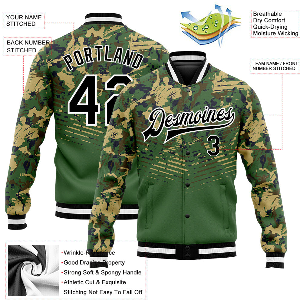 Custom Camo Black-Kelly Green 3D Bomber Full-Snap Varsity Letterman Salute To Service Jacket view 5