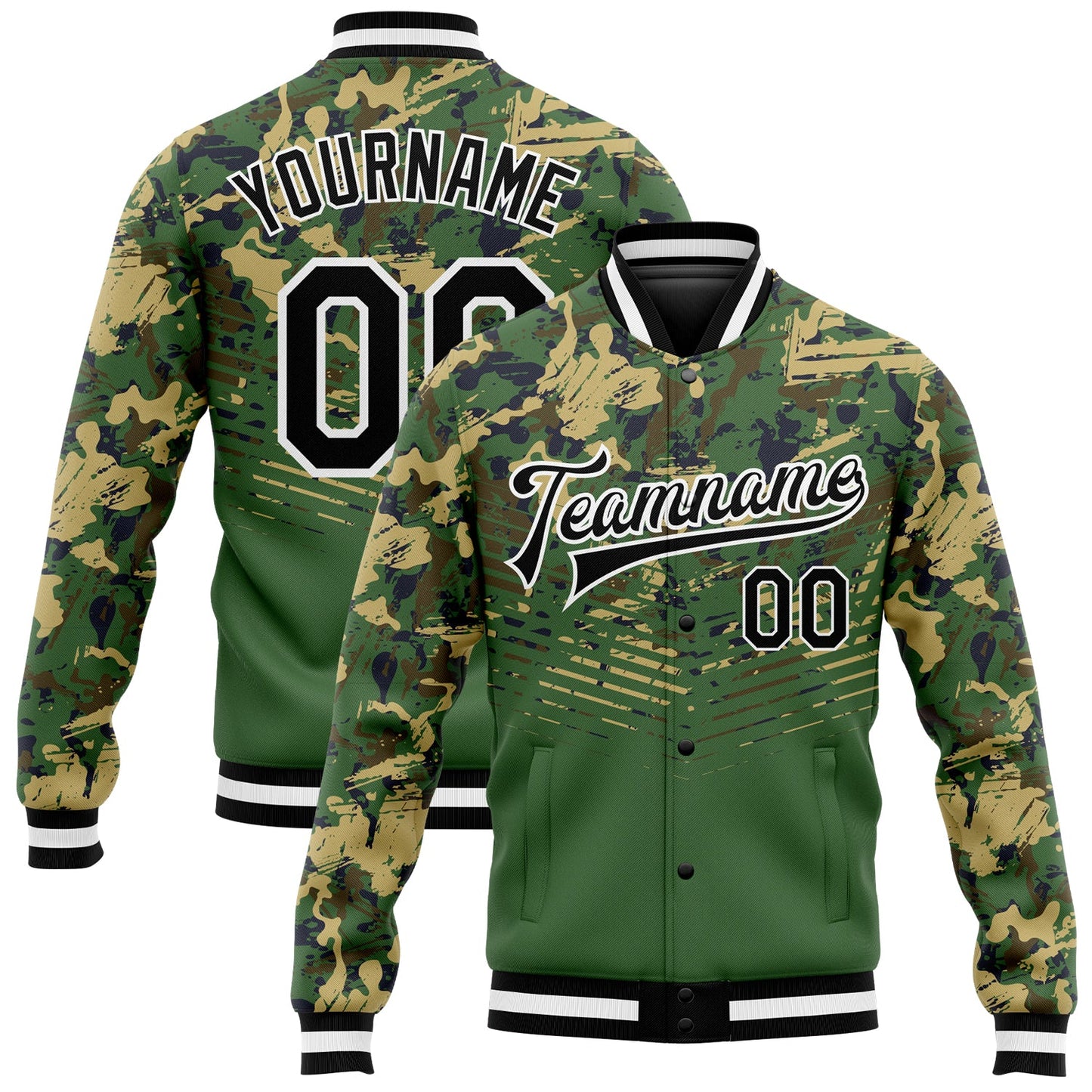 Custom Camo Black-Kelly Green 3D Bomber Full-Snap Varsity Letterman Salute To Service Jacket - Main View