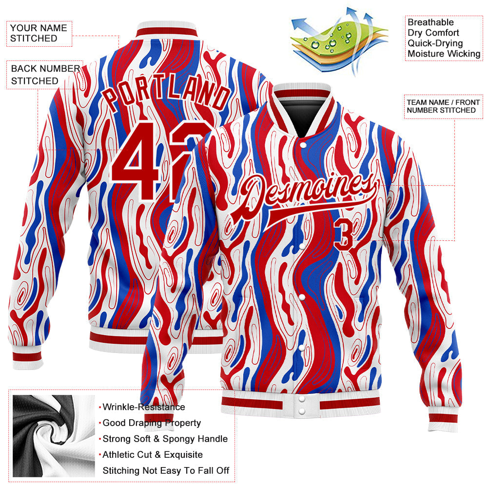 Custom Figure Red-Royal 3D Pattern Design Bomber Full-Snap Varsity Letterman Jacket view 5