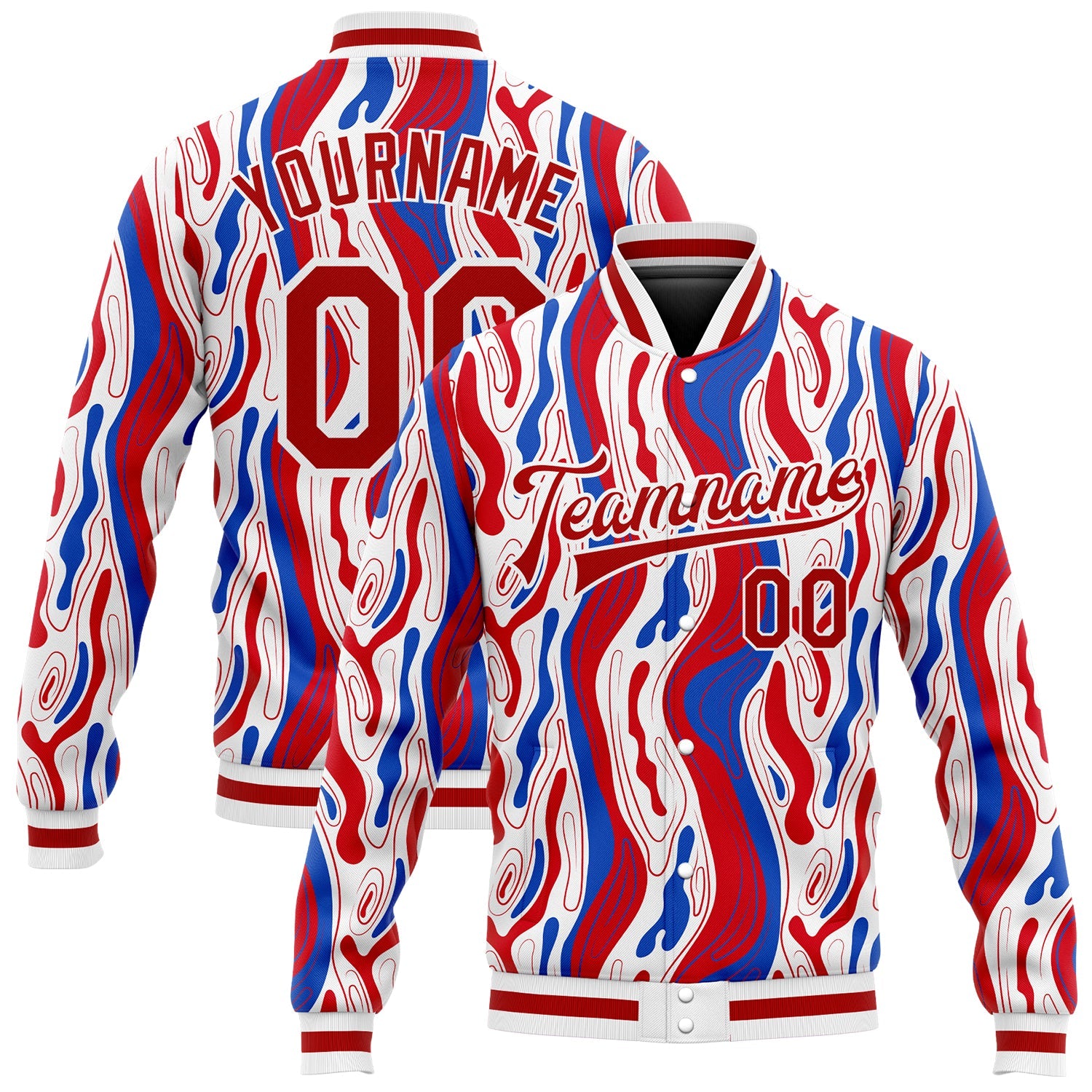 Custom Figure Red-Royal 3D Pattern Design Bomber Full-Snap Varsity Letterman Jacket - Main View