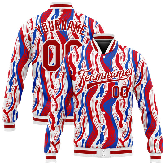 Custom Figure Red-Royal 3D Pattern Design Bomber Full-Snap Varsity Letterman Jacket - Main View