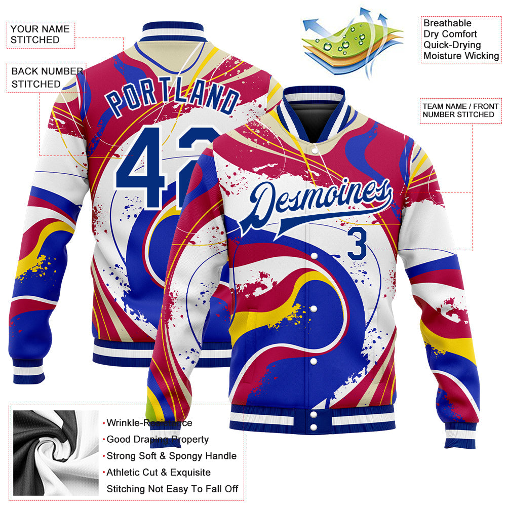 Custom Figure Royal-Red 3D Pattern Design Bomber Full-Snap Varsity Letterman Jacket view 5