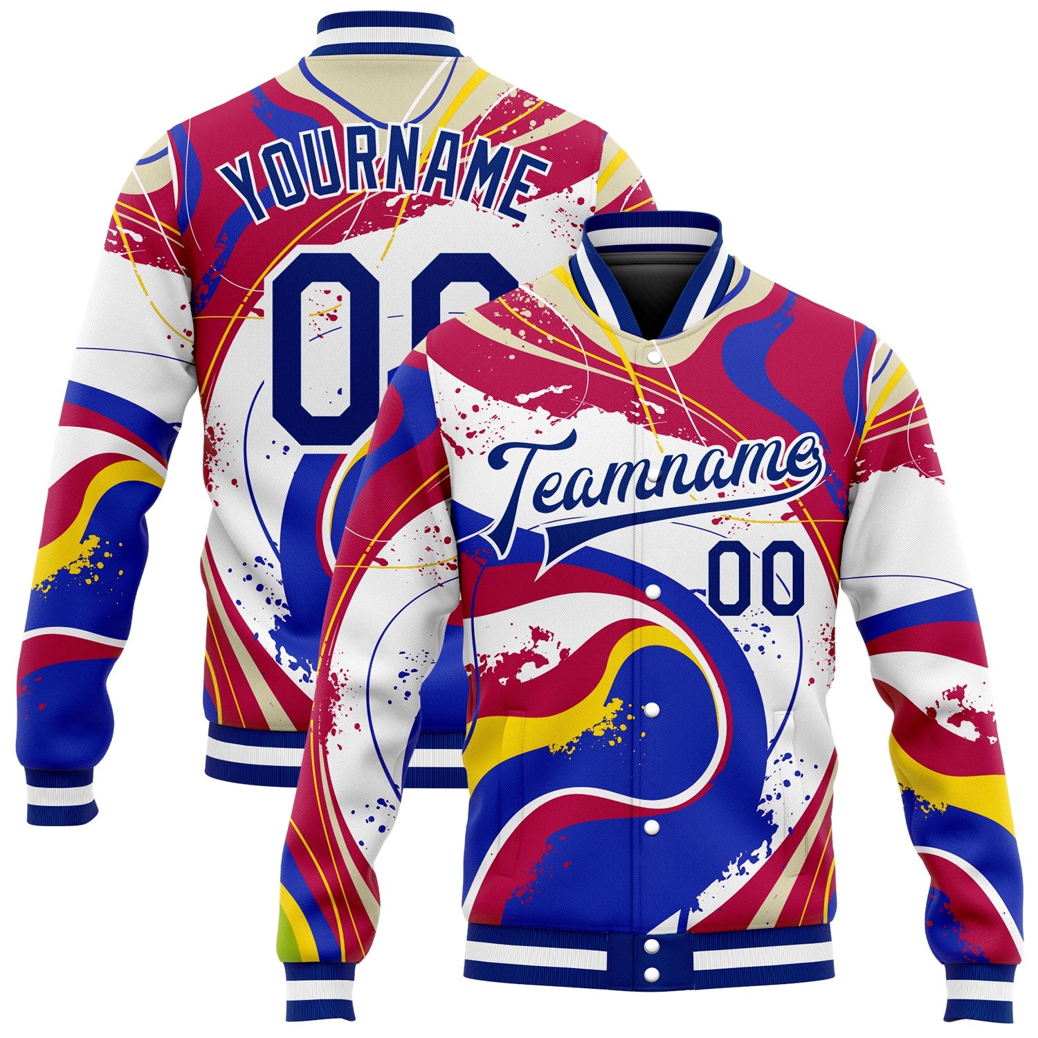 Custom Figure Royal-Red 3D Pattern Design Bomber Full-Snap Varsity Letterman Jacket - Main View