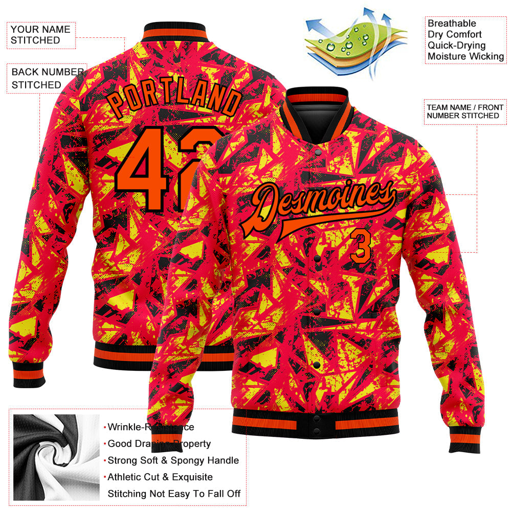 Custom Red Orange Gold-Black 3D Pattern Design Bomber Full-Snap Varsity Letterman Jacket view 5