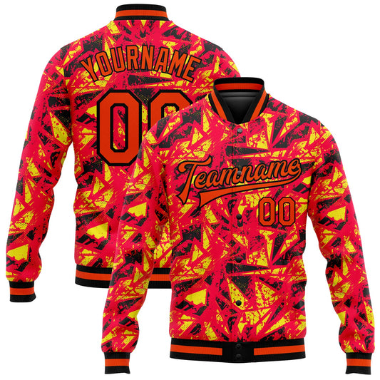 Custom Red Orange Gold-Black 3D Pattern Design Bomber Full-Snap Varsity Letterman Jacket - Main View