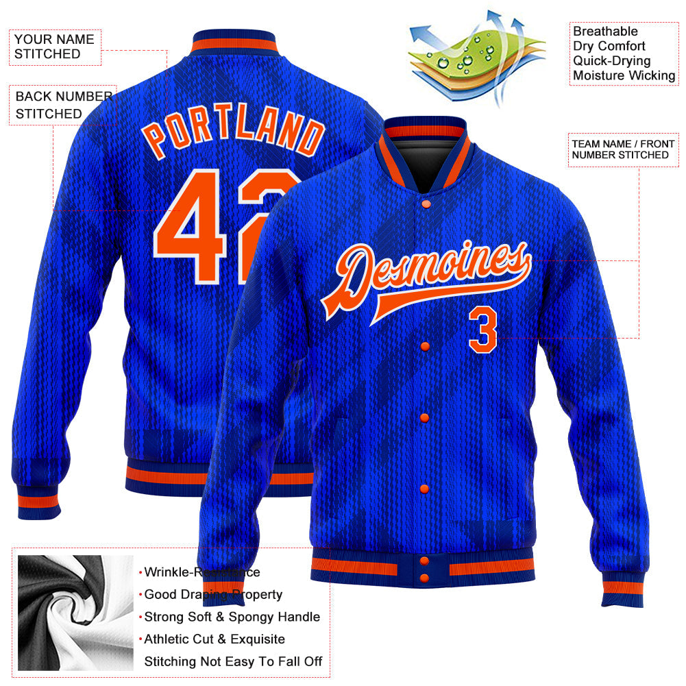 Custom Royal Orange-Navy 3D Pattern Design Bomber Full-Snap Varsity Letterman Jacket view 5