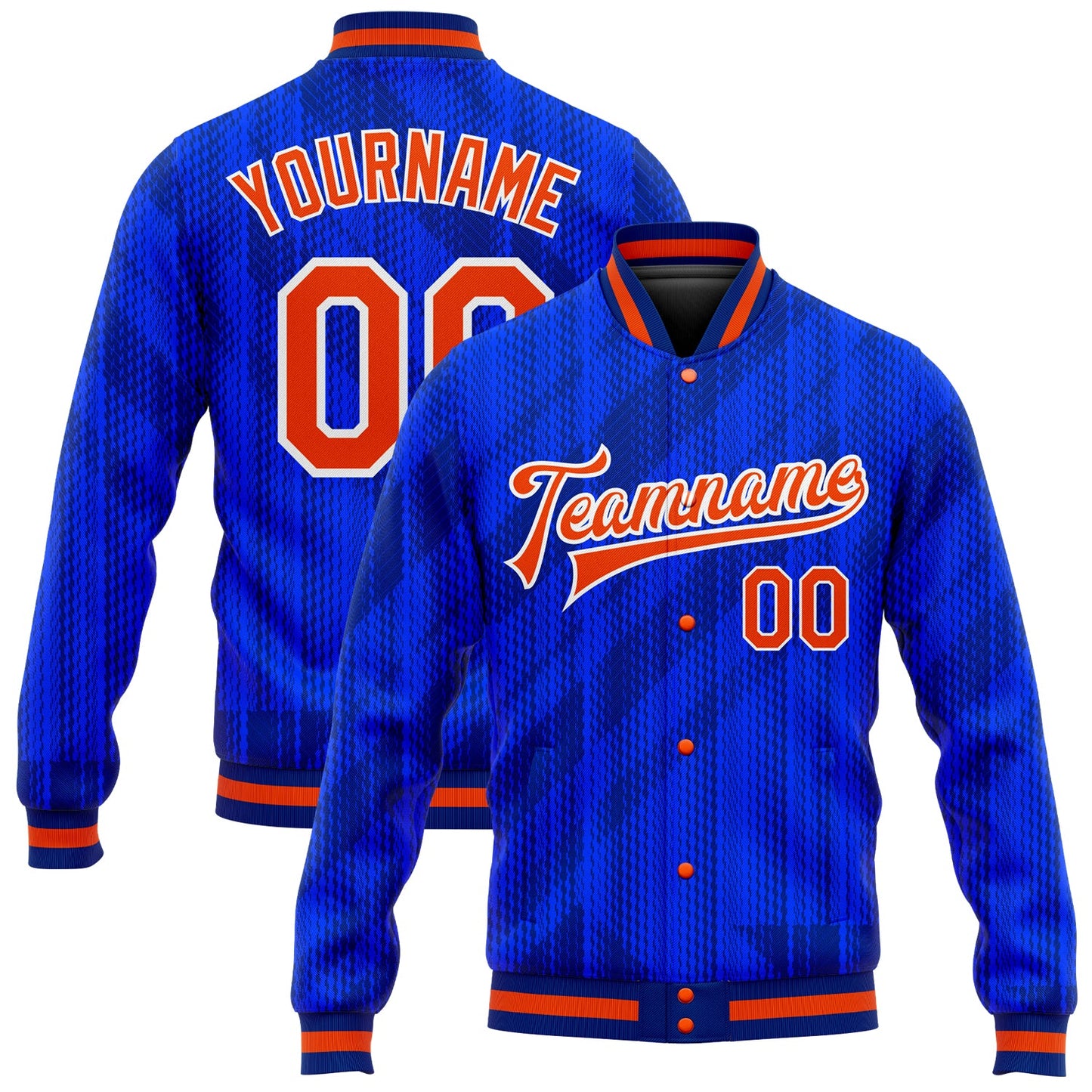 Custom Royal Orange-Navy 3D Pattern Design Bomber Full-Snap Varsity Letterman Jacket - Main View