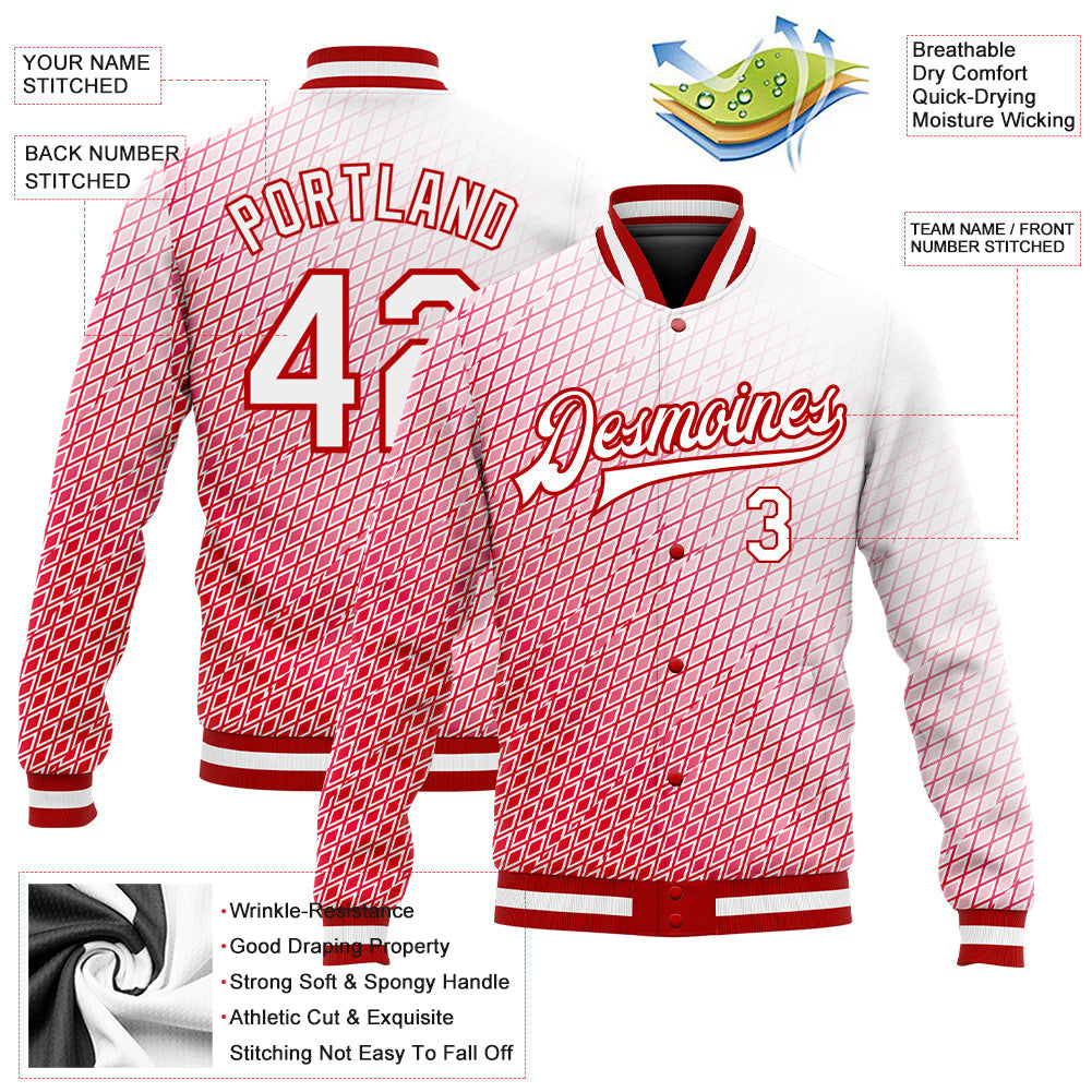 Custom Red White 3D Pattern Design Bomber Full-Snap Varsity Letterman Jacket view 5