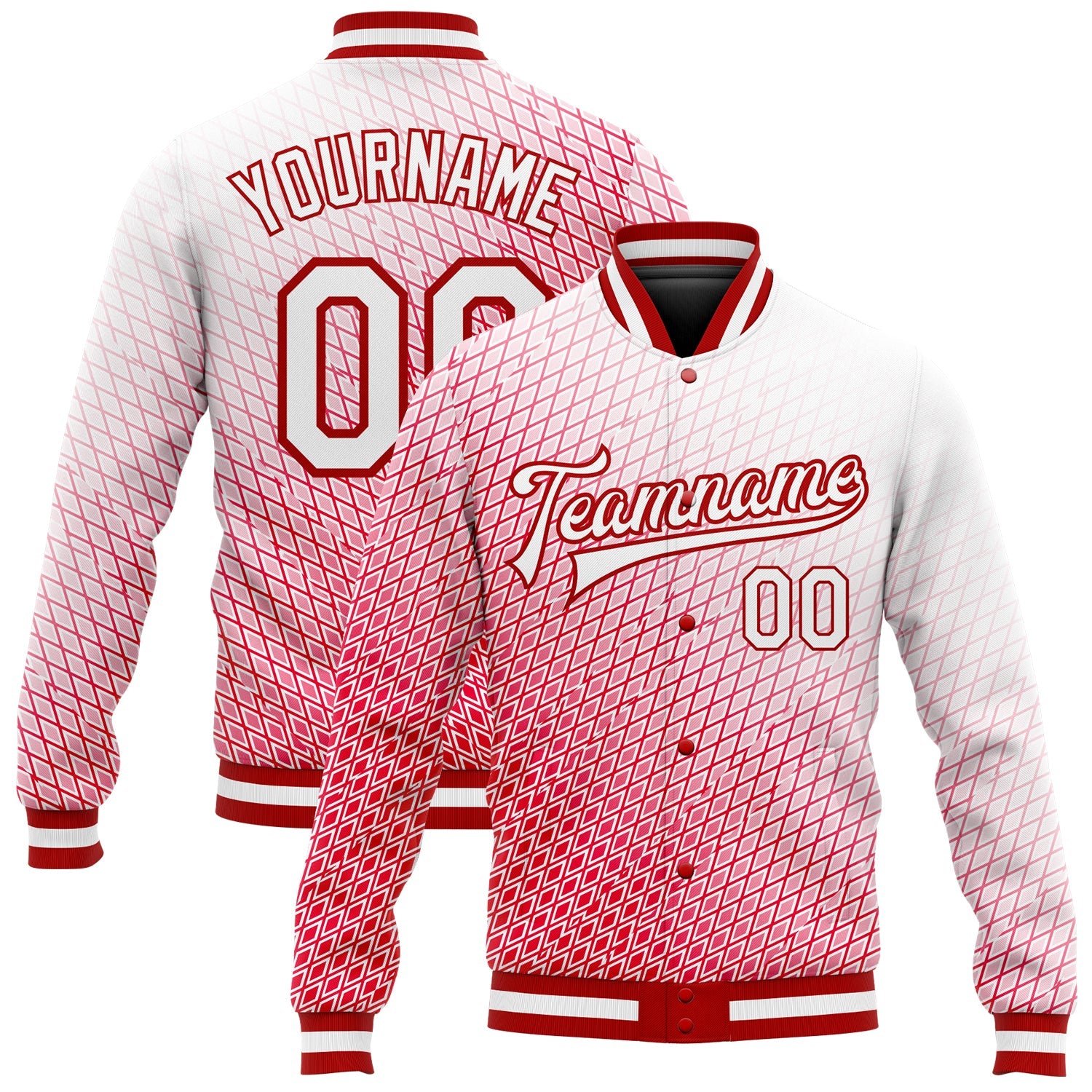 Custom Red White 3D Pattern Design Bomber Full-Snap Varsity Letterman Jacket - Main View