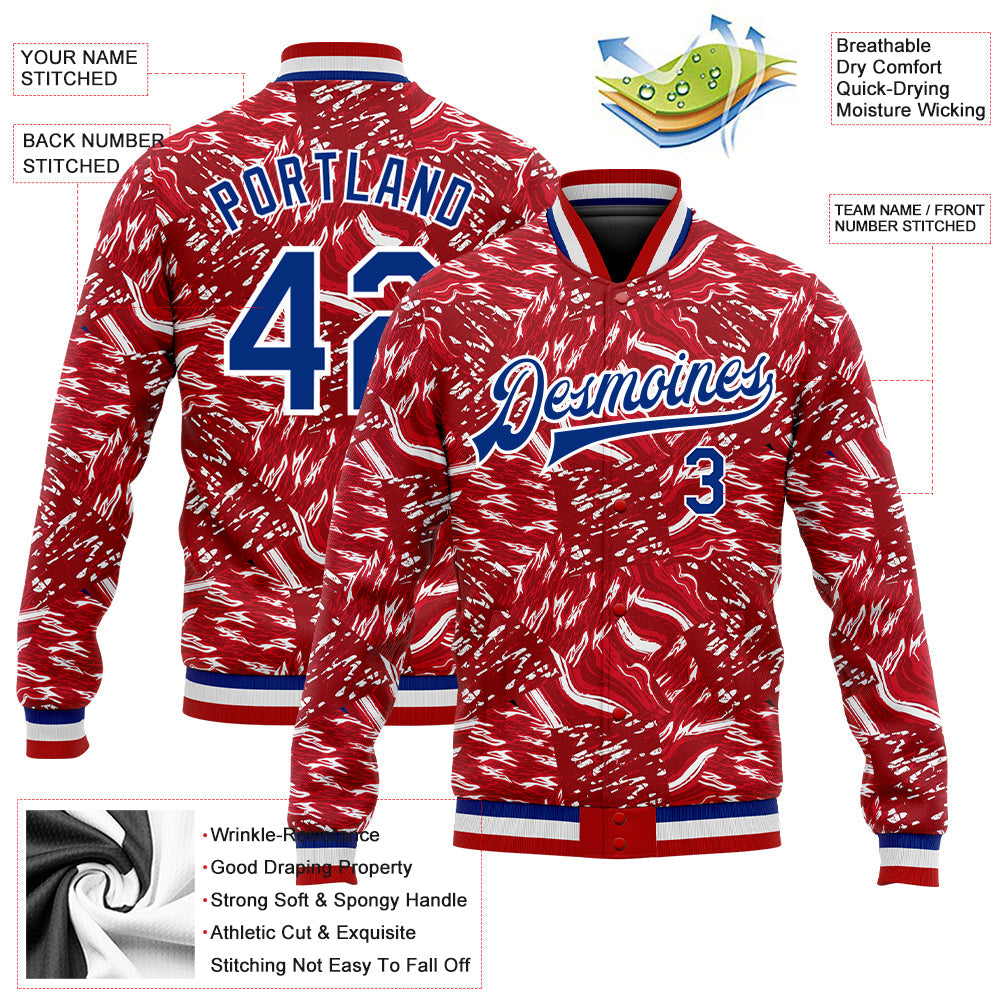 Custom Red Royal-White 3D Pattern Design Bomber Full-Snap Varsity Letterman Jacket view 5