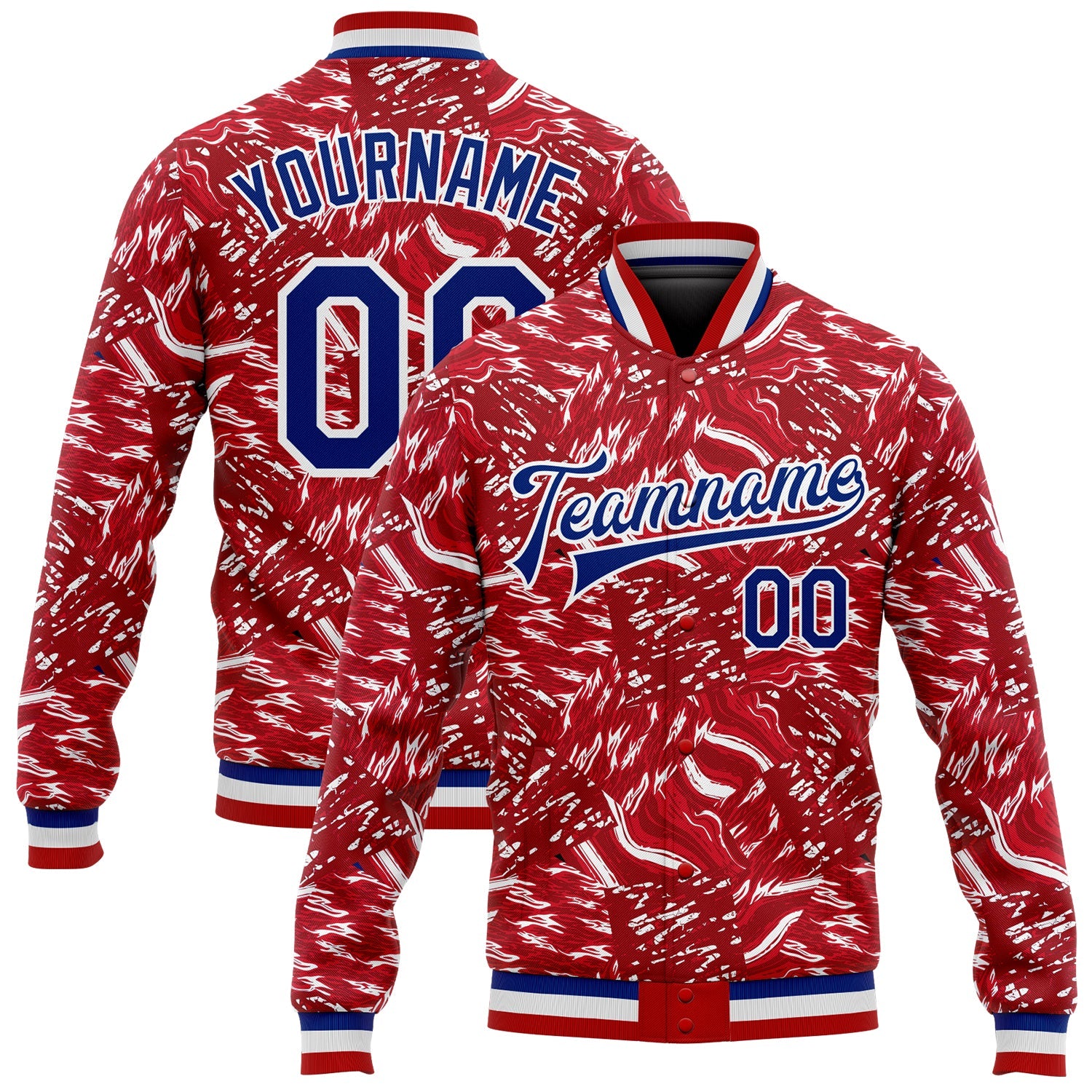 Custom Red Royal-White 3D Pattern Design Bomber Full-Snap Varsity Letterman Jacket - Main View