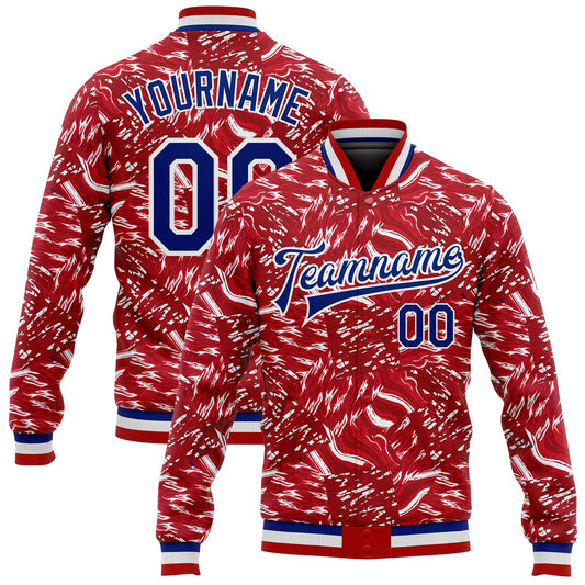 Custom Red Royal-White 3D Pattern Design Bomber Full-Snap Varsity Letterman Jacket - Main View