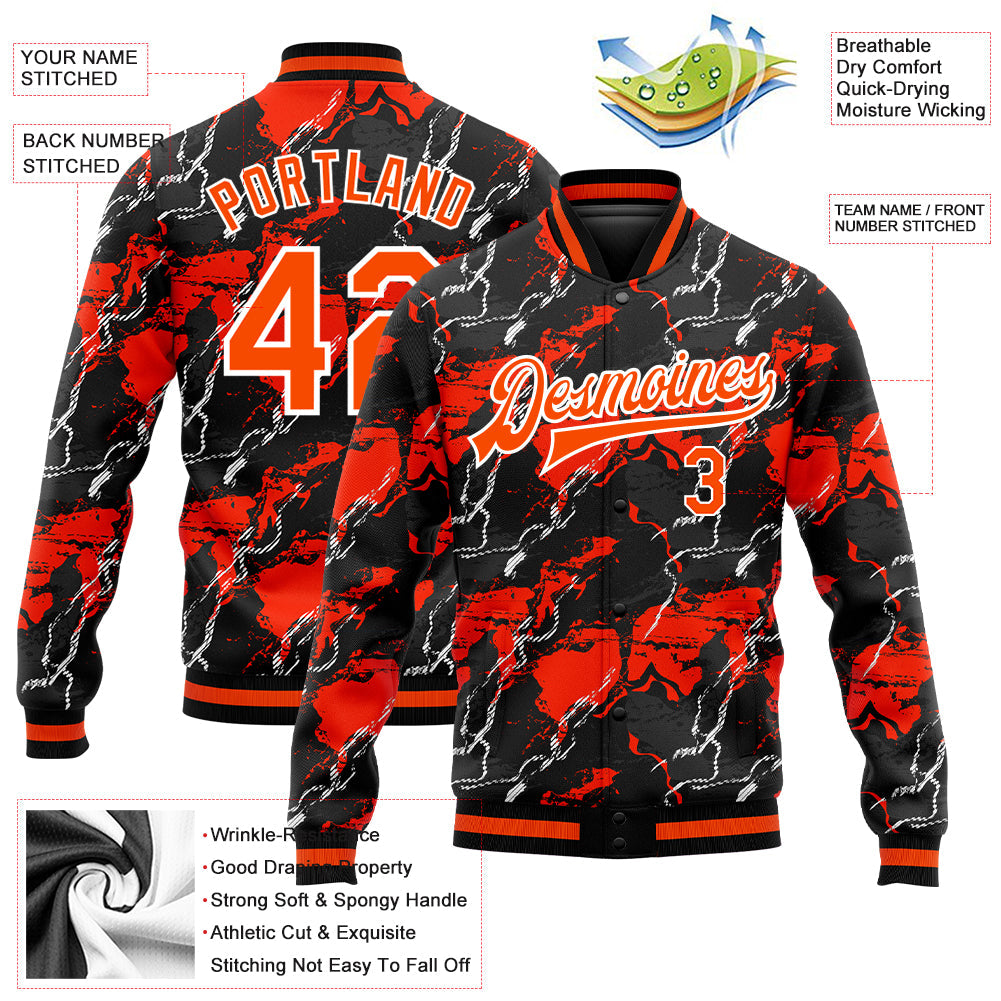 Custom Red Orange-Black 3D Pattern Design Bomber Full-Snap Varsity Letterman Jacket view 5