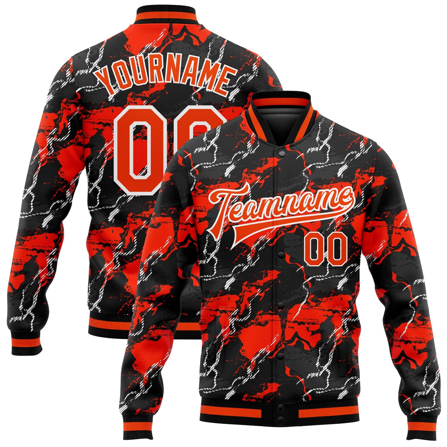 Custom Red Orange-Black 3D Pattern Design Bomber Full-Snap Varsity Letterman Jacket - Main View