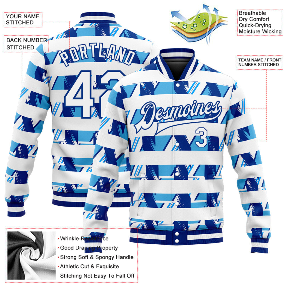 Custom Royal White-Light Blue 3D Pattern Design Bomber Full-Snap Varsity Letterman Jacket view 5