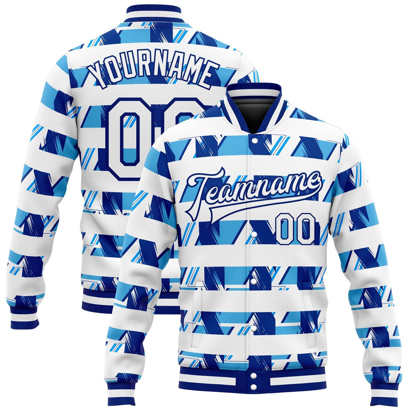Custom Royal White-Light Blue 3D Pattern Design Bomber Full-Snap Varsity Letterman Jacket - Main View