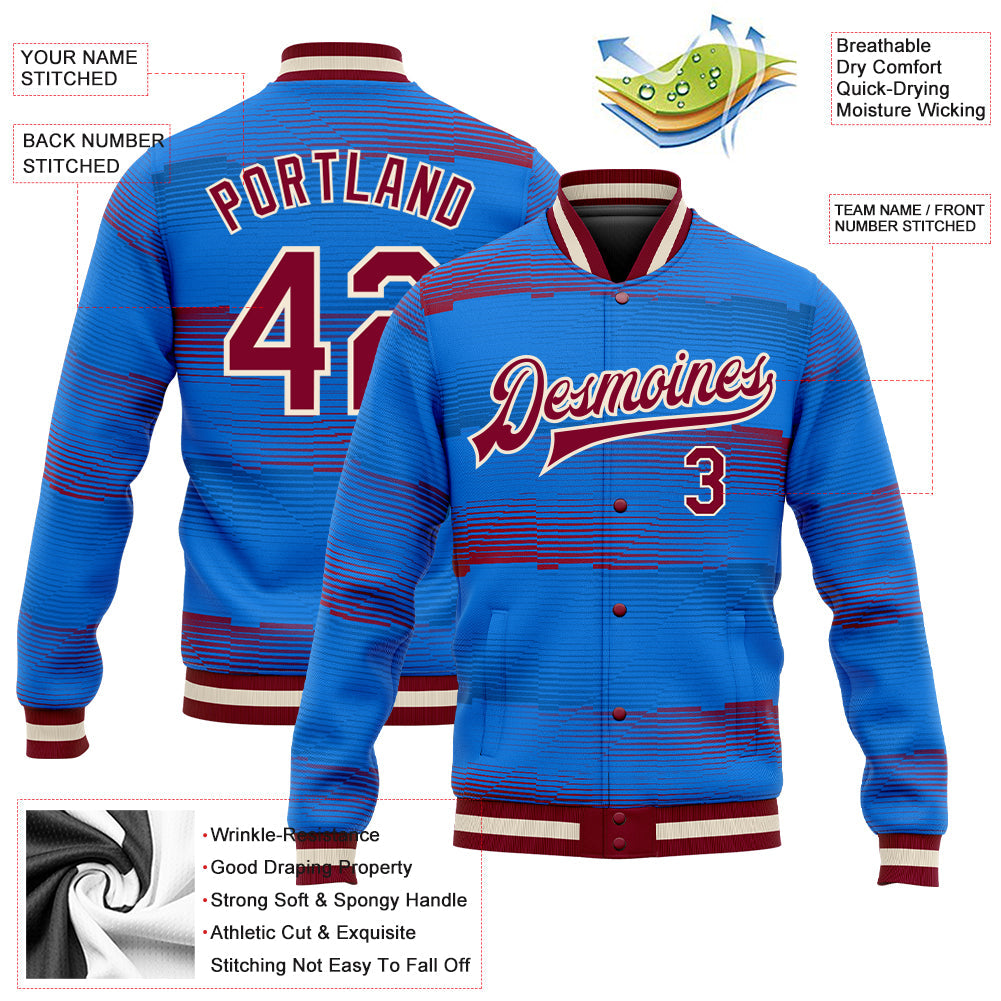 Custom Royal Crimson-Cream 3D Pattern Design Bomber Full-Snap Varsity Letterman Jacket view 5