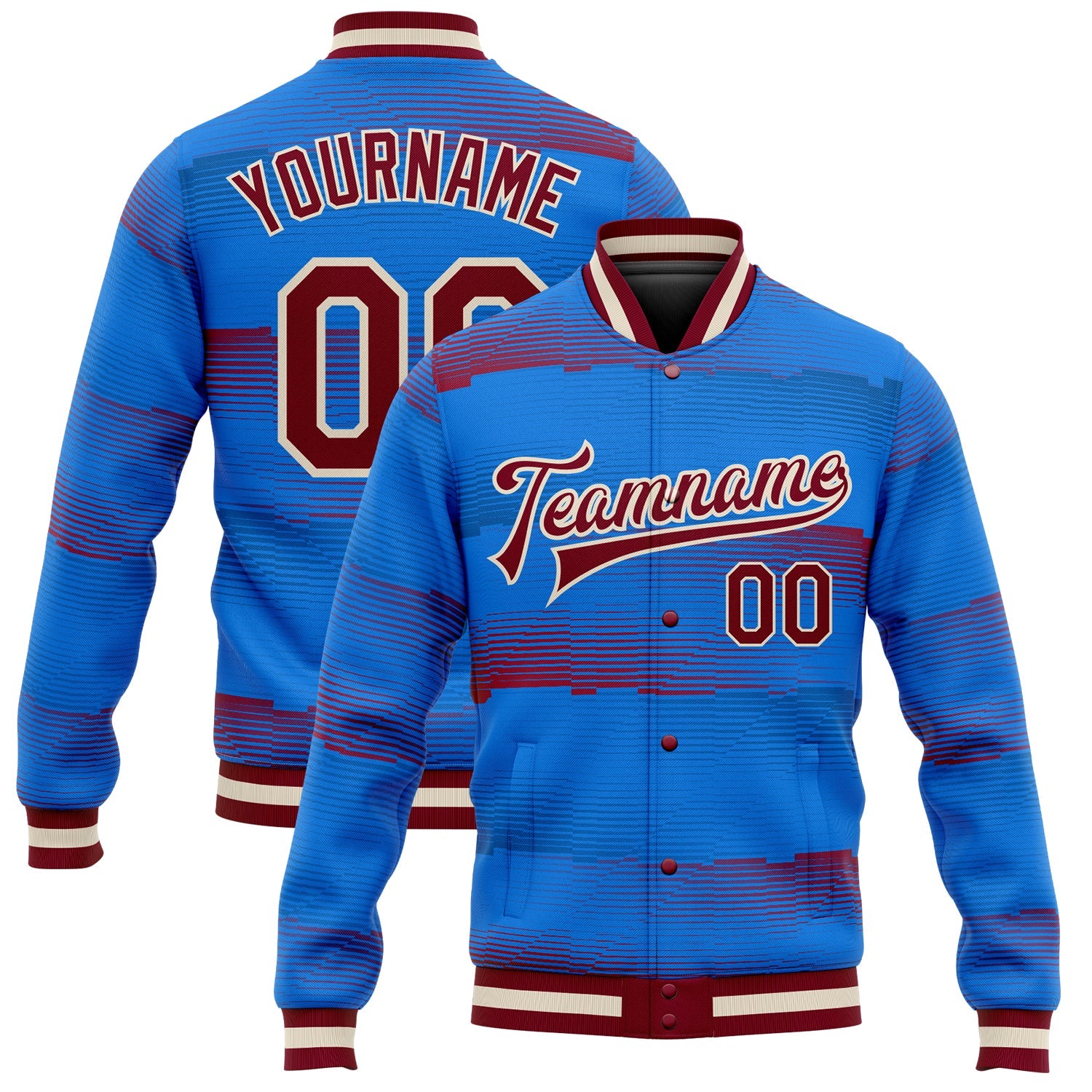 Custom Royal Crimson-Cream 3D Pattern Design Bomber Full-Snap Varsity Letterman Jacket - Main View