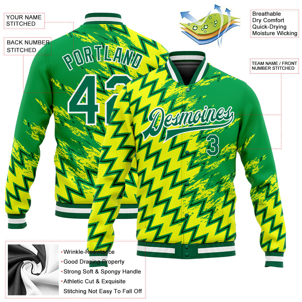 Custom Gold Kelly Green-White 3D Pattern Design Bomber Full-Snap Varsity Letterman Jacket view 5