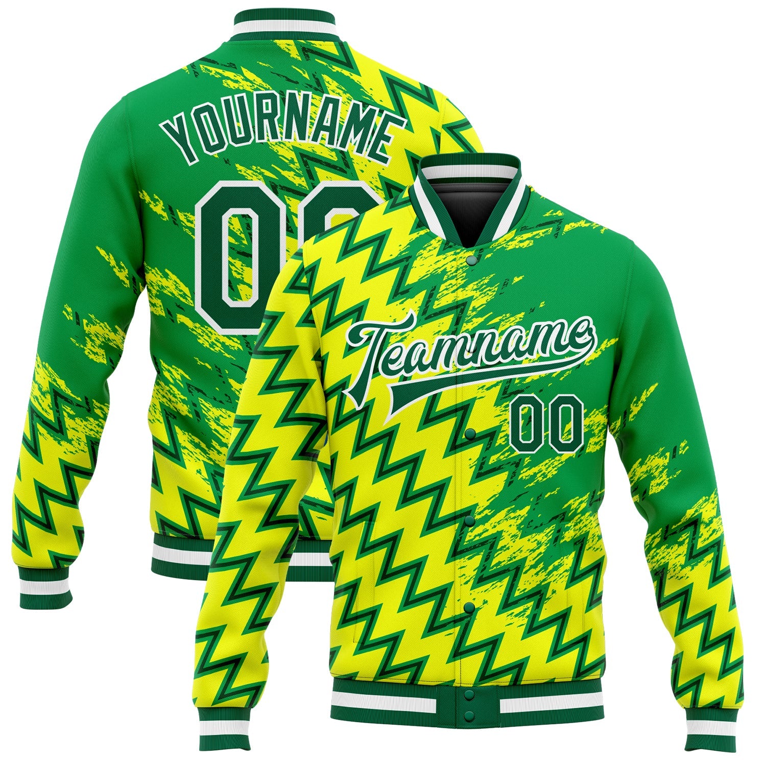 Custom Gold Kelly Green-White 3D Pattern Design Bomber Full-Snap Varsity Letterman Jacket - Main View