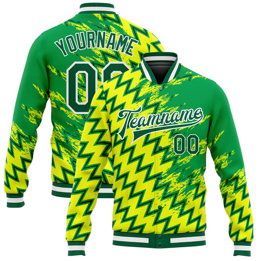 Custom Gold Kelly Green-White 3D Pattern Design Bomber Full-Snap Varsity Letterman Jacket - Main View