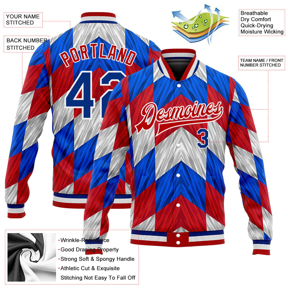 Custom Red Royal-White 3D Pattern Design Bomber Full-Snap Varsity Letterman Jacket view 5