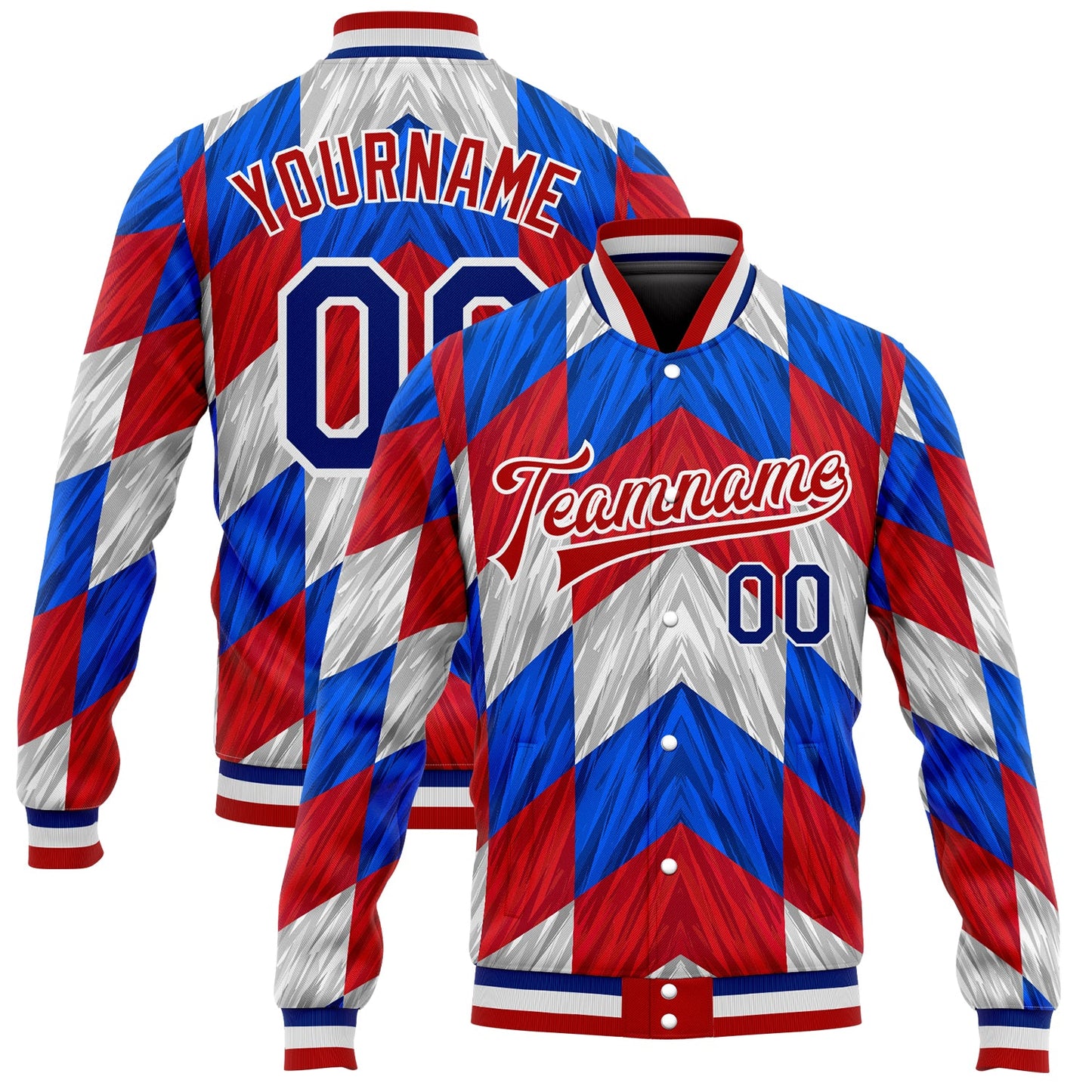 Custom Red Royal-White 3D Pattern Design Bomber Full-Snap Varsity Letterman Jacket - Main View