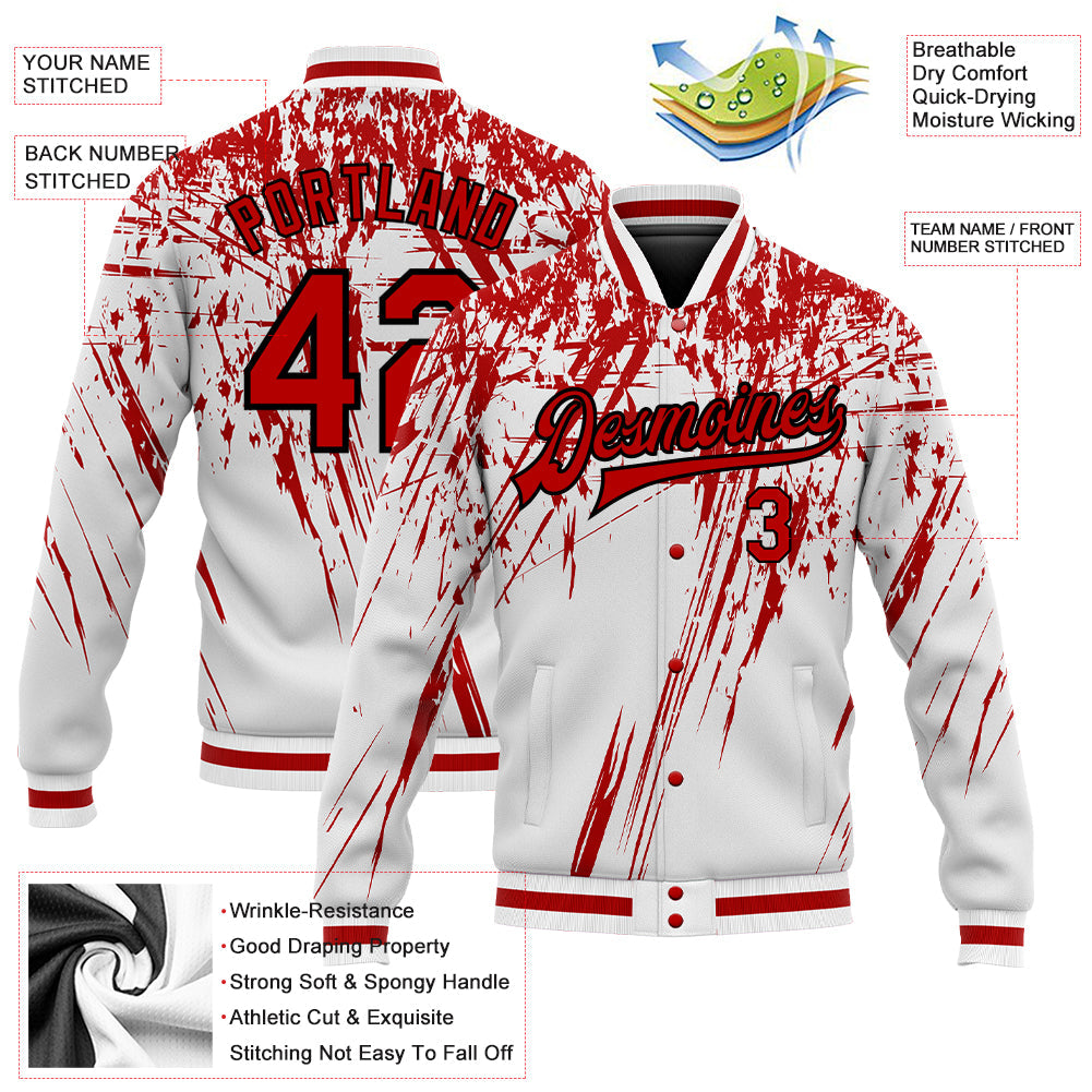 Custom White Red-Black 3D Pattern Design Bomber Full-Snap Varsity Letterman Jacket view 5