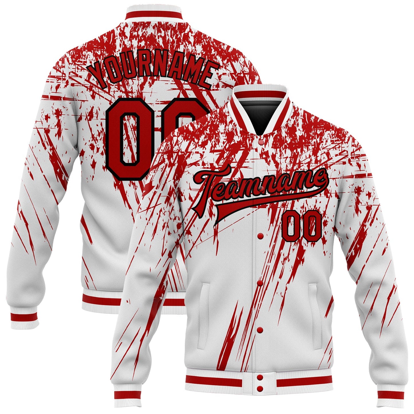 Custom White Red-Black 3D Pattern Design Bomber Full-Snap Varsity Letterman Jacket - Main View
