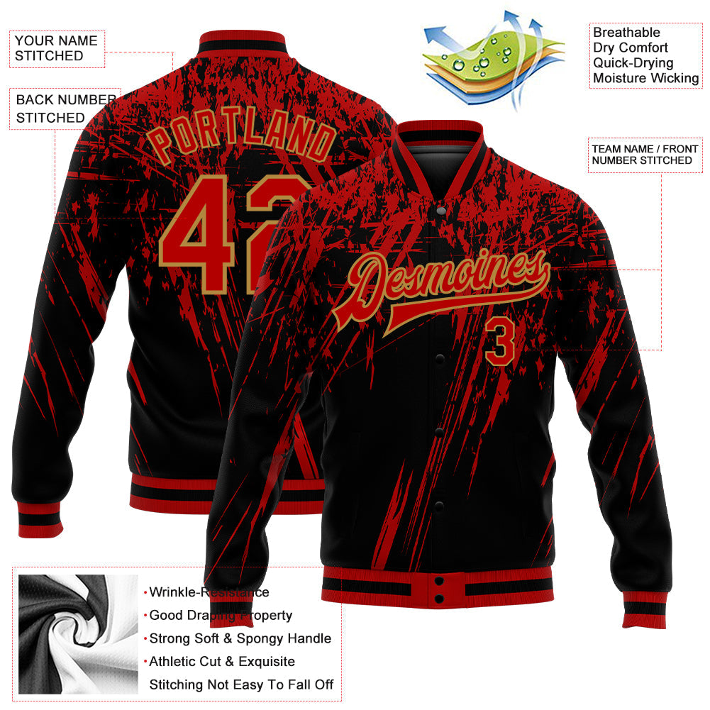 Custom Black Red-Old Gold 3D Pattern Design Bomber Full-Snap Varsity Letterman Jacket view 5