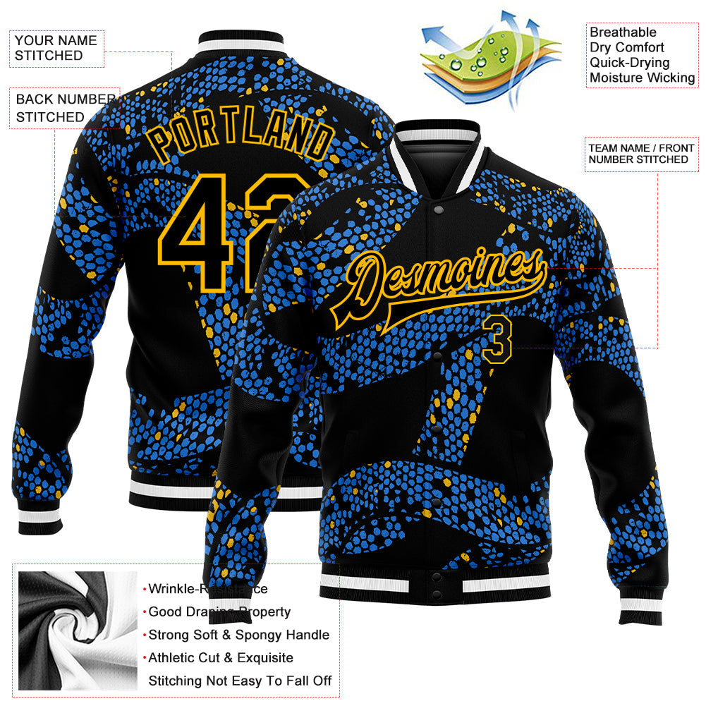 Custom Royal Black-Gold 3D Pattern Design Bomber Full-Snap Varsity Letterman Jacket view 5