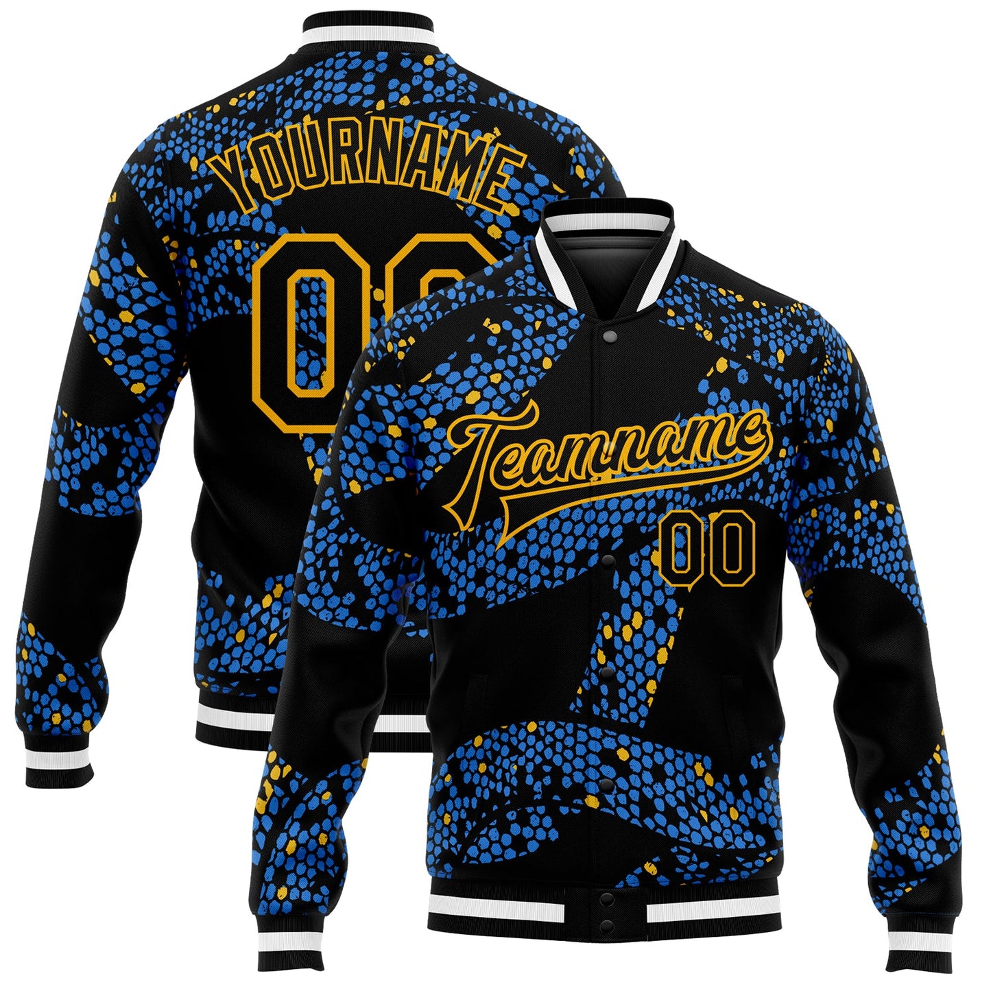 Custom Royal Black-Gold 3D Pattern Design Bomber Full-Snap Varsity Letterman Jacket - Main View